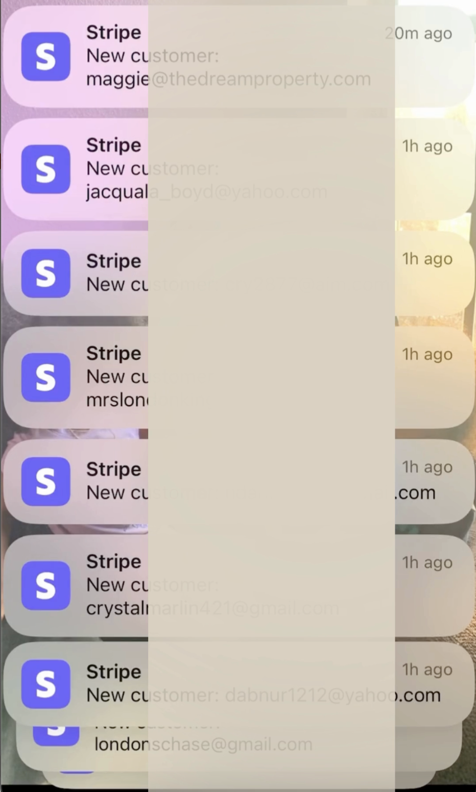 Real student lock screen showing Stripe customer notifications